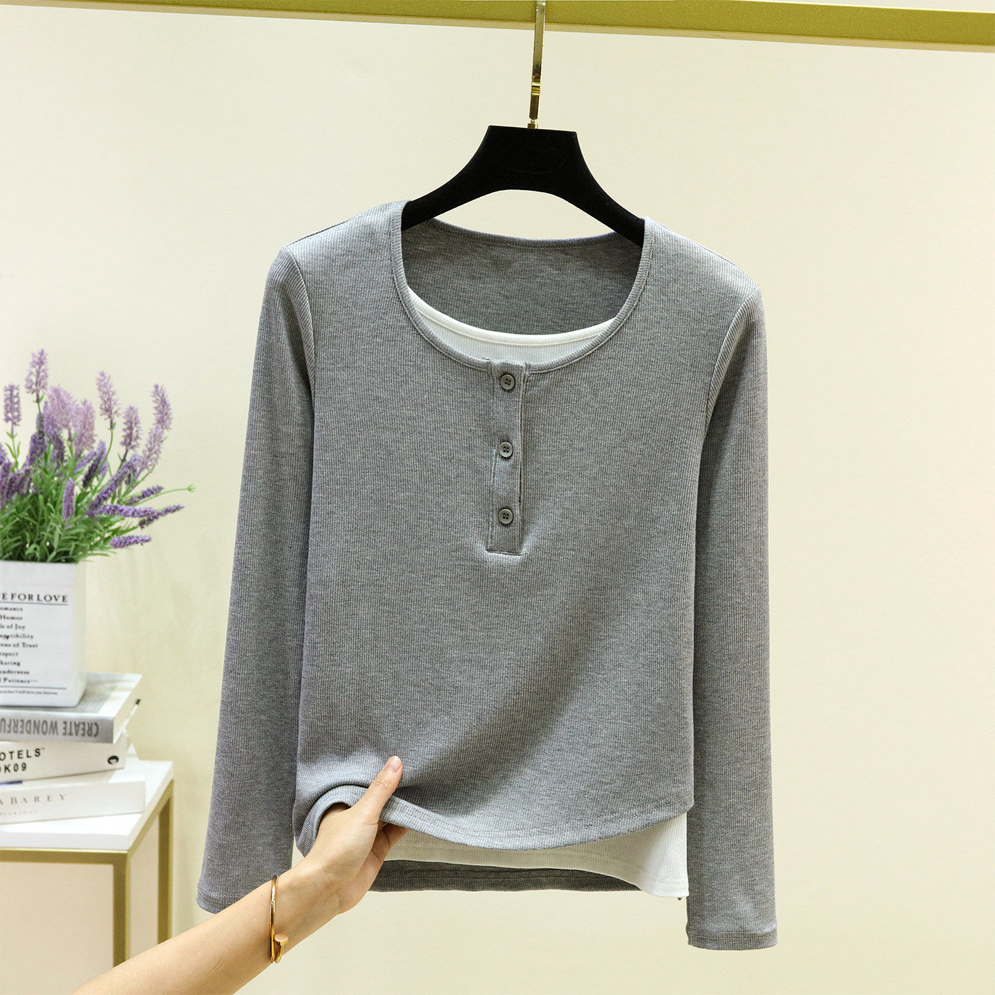 螺纹长袖休闲可外穿设计感薄款上衣假两件T恤女士新款内搭打底衫,淘宝优惠券,粉丝福利购,淘宝优惠卷