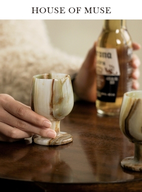 缪斯家 复古大理石高脚杯酒杯家用客厅样板间小众装饰品桌面摆件