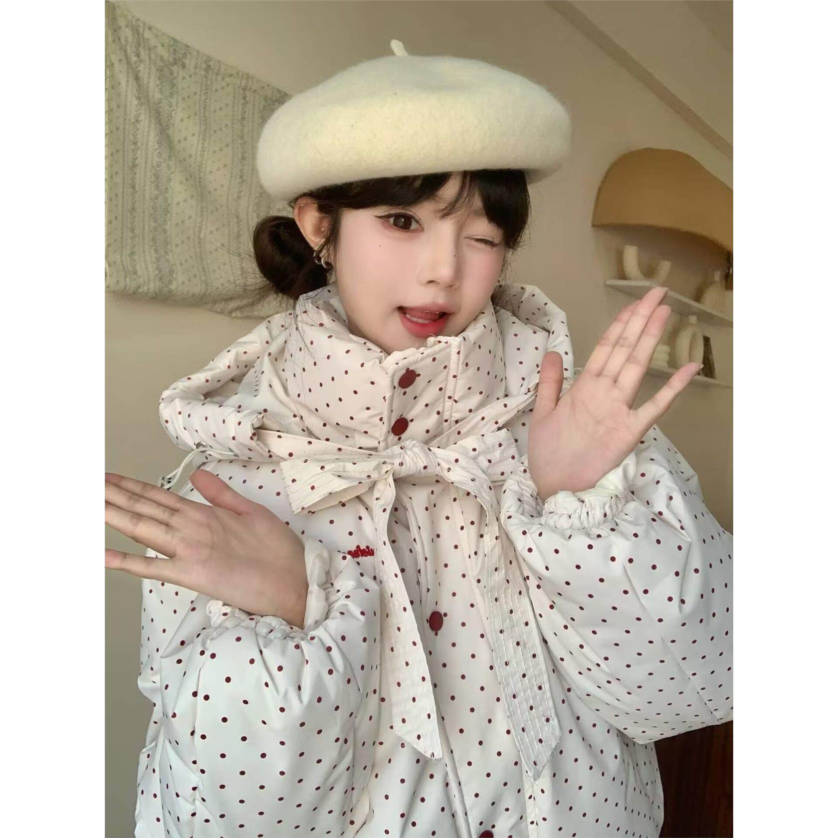 超好看波点棉服女短款2025冬季新款韩系小个子棉袄加厚棉衣外套女,淘宝优惠券,粉丝福利购,淘宝优惠卷