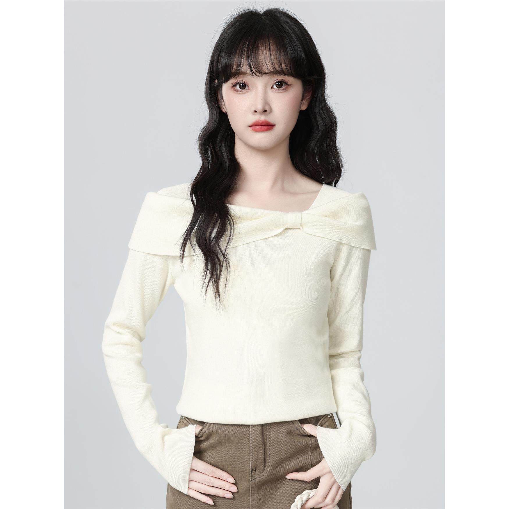 杏色一字肩长袖针织衫女秋2025春秋新款蝴蝶结内搭打底衫显瘦上衣,淘宝优惠券,粉丝福利购,淘宝优惠卷