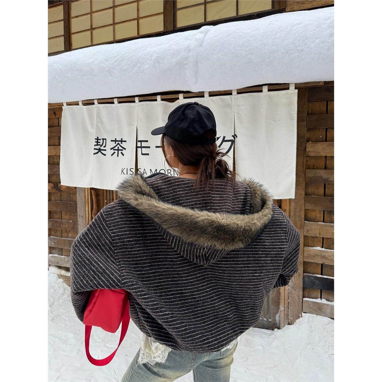 一祇土狗啊/冬季加绒条纹连帽卫衣女美式覆古毛领开衫加厚外套潮,淘宝优惠券,粉丝福利购,淘宝优惠卷