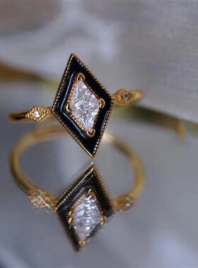 法国gentle motto《黑方块》文艺复兴复古小众几何菱形滴油戒指镀