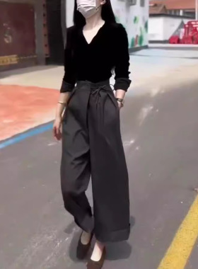 法国gentle motto秋季新款时尚v领长袖t恤休闲阔腿裤洋气显瘦