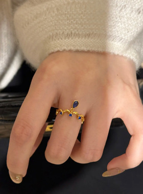 法国Gentle Motto法式轻奢神秘水滴蓝流苏项链戒指套装复古奢华