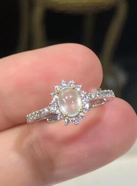 法国gentle motto仿白冰玉髓戒面戒指女款镀925镶嵌冰种蛋面指环