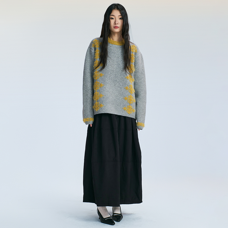 SAME FLOW 小众高级撞色提花肌理感宽松圆领套头简约大气百搭毛衣 - 图1