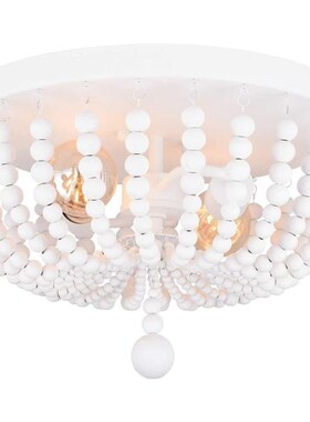 White Chandelier Wooden Beaded Lighting Fixture Fringe Hangi