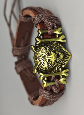 欧美网红热销藏式复古编织皮革合金狼头PU可调手链手绳男一件