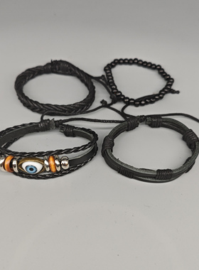 黑色皮革手链复古风编织眼睛手环