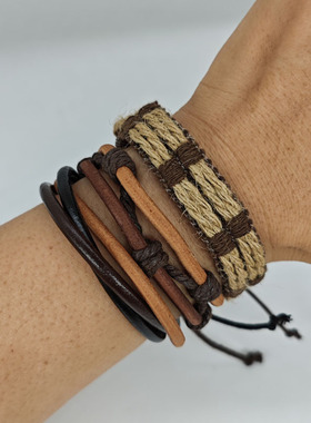 欧美网红麻绳简约手工编织手环小众男女牛皮手链diy套装复古明星