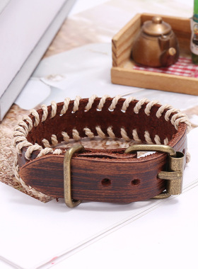 欧美新款男士饰品手工缝线做旧复古牛皮手链可调节编织手带配饰