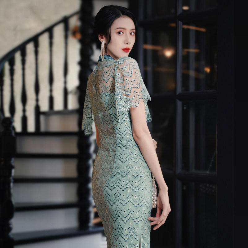 四美子蓝绿色妈妈旗袍兰若夏连衣裙 四美子旗袍