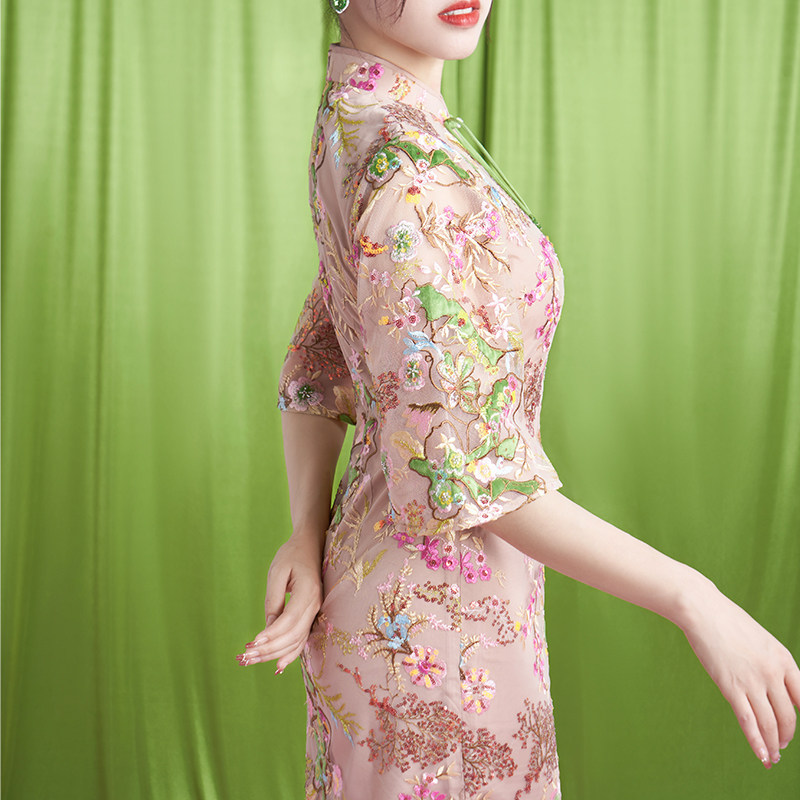 四美子中式改良裸色旗袍2023连衣裙 四美子旗袍