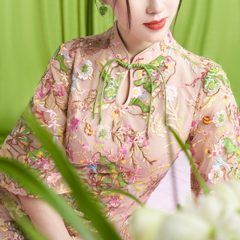 四美子中式改良裸色旗袍2023连衣裙 四美子旗袍