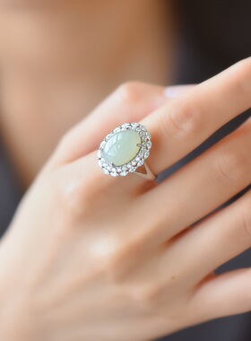 带和田玉戒指 小众设计款宫廷风开口925银玉石食指女戒