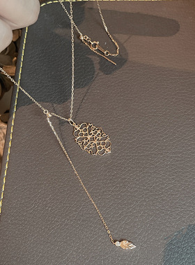 日式轻奢s925银镀10k金新芽树叶 Y型 羽毛小钻 可调节 项链毛衣