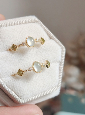 日式轻奢s925银镀14k镶嵌海蓝宝绿橄榄石戒指