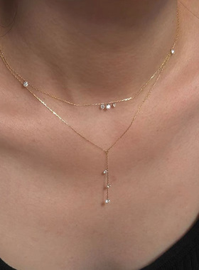 时尚超闪锆石星星的眼泪 925银三钻流苏项链仙女风颈链锁骨链