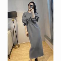 Sashimi slim fit dress Skirt Autumn Winter Advanced Senses Waist Temperament Casual Pure color Round neck Long sleeves Dont touch Weakercoat Long dress