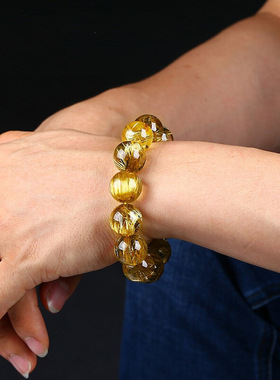 天然巴西金钛晶手链板钛金发晶手串收藏级顺黄水晶发猫眼男女多圈