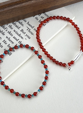 日系cherry kitty925银红玛瑙小鱼圆珠磷灰石手链女简约手工弹力