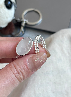 日系cherry kittys925银戒指女白玉髓椭圆形食指指环开口设计