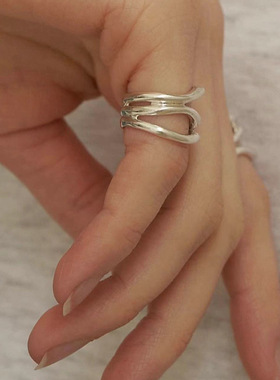 日系cherry kitty925银多层线条尾指女简约小巧精致戒指个性开口