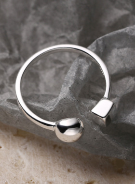 日系cherry kitty小球方块戒指s925通体银亮银色开口款指环j0367