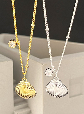 日系cherry kitty法式贝壳项链s925银精致迷你吊坠款锁骨链0424a