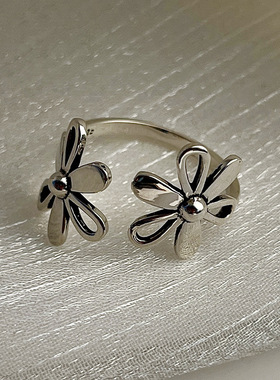 日系cherry kitty花朵戒指女s925通体银ins风开口复古指环个性