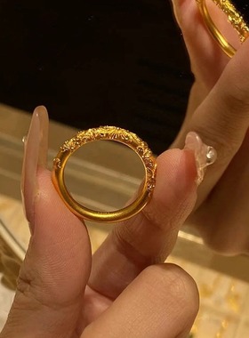 日系Cherry Kitty轻奢錾刻紫荆花素圈戒指女vintage古法传承指环