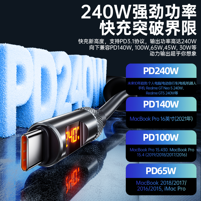 配耐新款双头typec数据线240w超级快充智能数显伸缩弹簧线适配华为小米苹果vivo充电线ctoc车载办公传输通用 - 图0