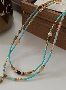 日本portney bell天河石项链女珍珠法式吊坠复古串珠叠带毛衣链