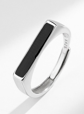 日本portney bells925银宽面一字黑色戒指ins冷淡风极简设计滴胶