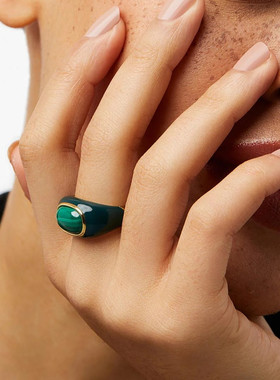 日本portney bell欧美高级铜镀18k孔雀石白贝母滴釉戒指小众简约
