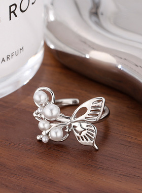 日本Portney Bell蝴蝶珍珠金属立体镂空戒指女小众设计百搭食指