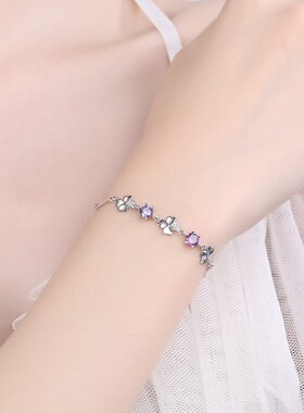 日本portney bells925银四叶草手链女简约小清新时尚镶钻锆花瓣