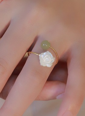日本Portney Bell和田玉石戒指女古风玫瑰花ins小众设计高端轻
