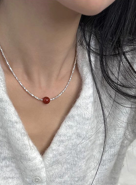 日本portney bells925银红玛瑙碎银子项链女ins本命年叠戴轻奢新