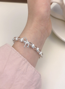 日本portney bells925银白水晶拉丝猫眼银珠蝴蝶结手链女ins仙女