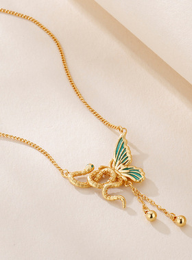 日本portney bell珐琅灵蛇蝴蝶项链女新款轻奢小众精致套链吊坠