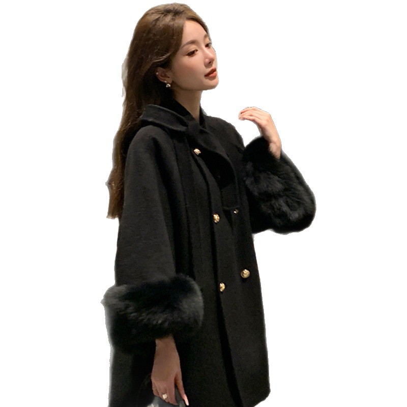 法式毛呢外套秋冬新款气质加厚保暖毛毛袖口呢子大衣小个子 - 图3
