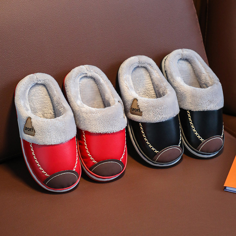 儿童棉拖鞋男童冬季女宝宝大中小pu防水亲子室内居家保暖软底防滑