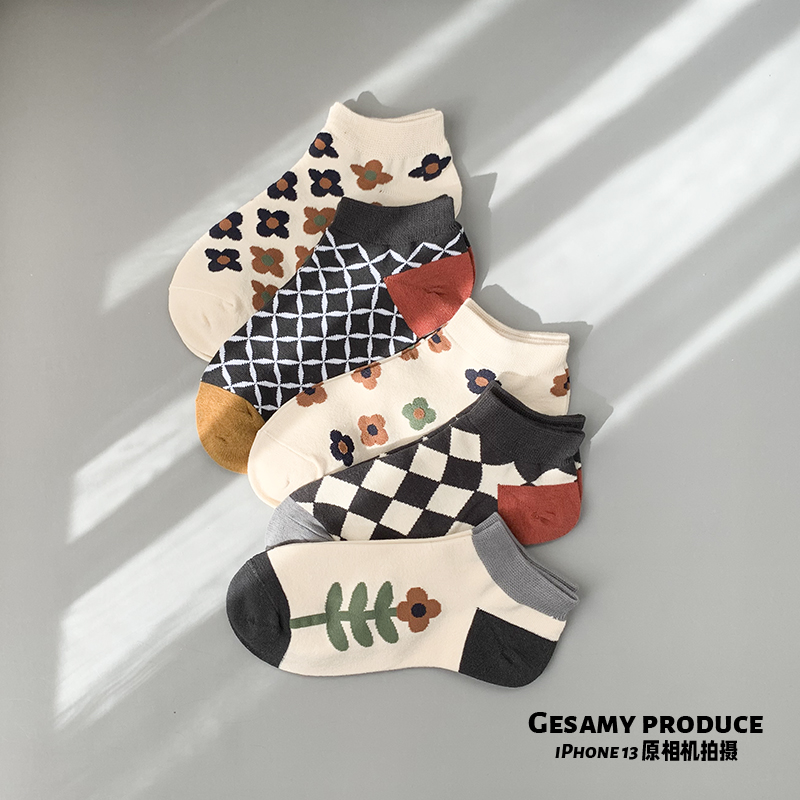 复古小花袜子女ins潮百搭短筒袜纯棉春夏季薄款文艺船袜低腰浅口. - 图1