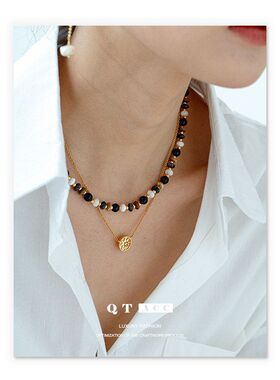 黄铜镀18K真金 欧美时尚美拉德配饰天然石贝珠黑玛瑙串珠项链秋冬