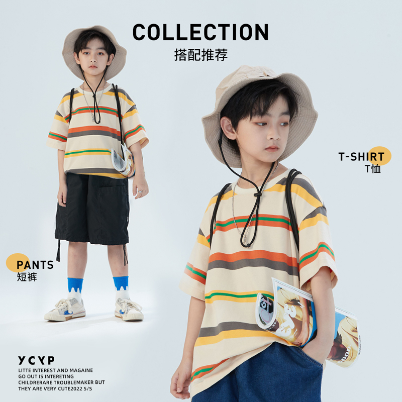 YCYP童装潮帅气男童短袖t恤夏季新款儿童上衣薄中大童条纹体恤男T-图2