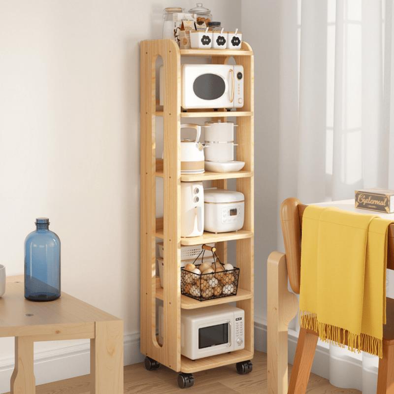 全实木厨房落地置物架家用客厅收纳储物柜可移动带轮多层展示书架 - 图3