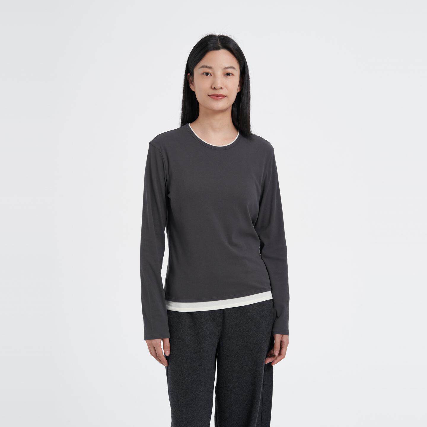 klee klee T恤 女士环保棉假两件内搭圆领休闲长袖26春夏新款