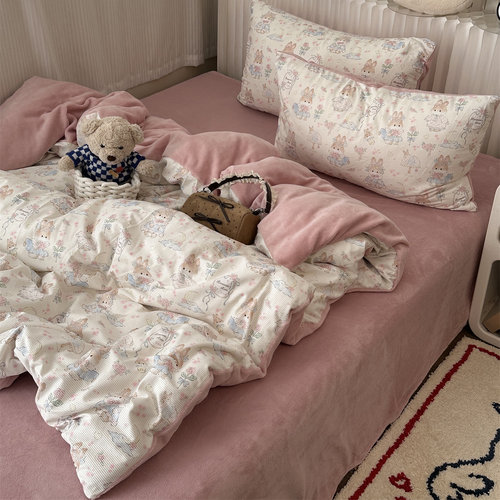 韩系少女ins可爱兔兔条形灯芯绒牛奶绒四件套冬天珊瑚绒三件套1.8 - 图1