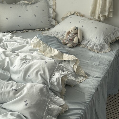 韩系ins少女心蝴蝶结双层花边针织水洗棉四件套床上用品三件套1.8 - 图0